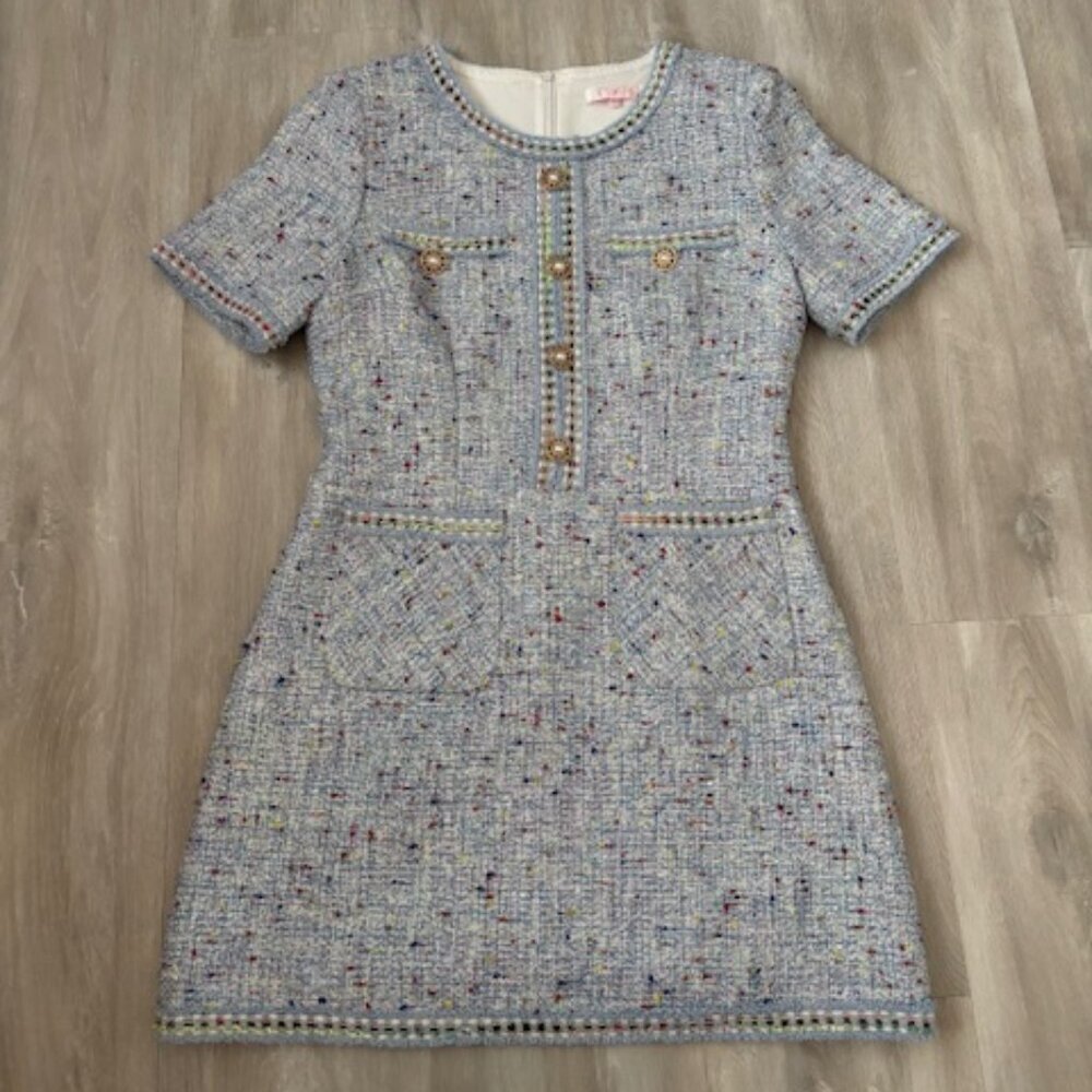 Light Blue Tweed Mini Dress with Gold Button Accents